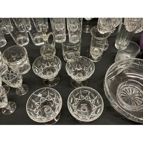 20A - THREE BOXES OF GLASSWARE TO INCLUDE DECANTERS, FRUIT BOWLS, VASES, WATER JUGS, DRINKING GLASSES ETC