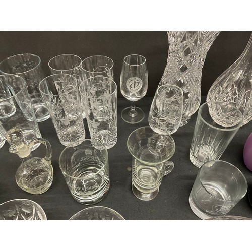 20A - THREE BOXES OF GLASSWARE TO INCLUDE DECANTERS, FRUIT BOWLS, VASES, WATER JUGS, DRINKING GLASSES ETC