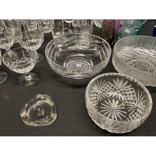 20A - THREE BOXES OF GLASSWARE TO INCLUDE DECANTERS, FRUIT BOWLS, VASES, WATER JUGS, DRINKING GLASSES ETC