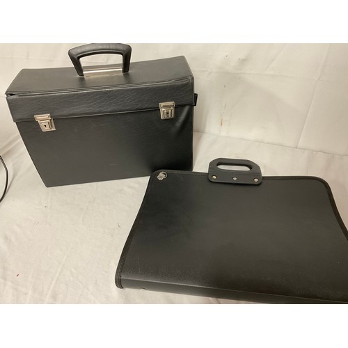 26 - BOX OF LEATHER BRIEFCASES, DOCUMENT CASE, PAPER SHREDDER ETC