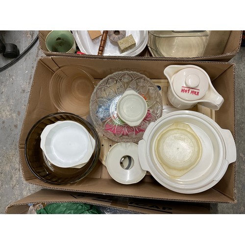 43 - FOUR BOXES OF KITCHENWARE ETC TO INCLUDE PYREX