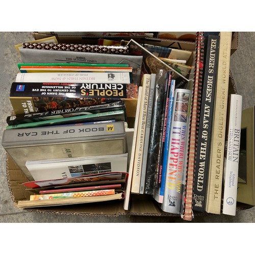 44 - THREE BOXES OF BOOKS INCLUDING ATLASES,COOKERY BOOKS,TRAVEL BOOKS ETC