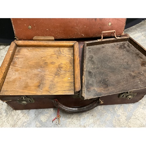 50 - TWO VINTAGE LEATHER SUITCASES AND TWO VINTAGE CRUMB TRAYS