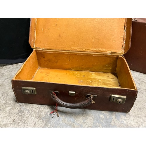 50 - TWO VINTAGE LEATHER SUITCASES AND TWO VINTAGE CRUMB TRAYS