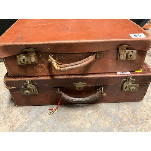 50 - TWO VINTAGE LEATHER SUITCASES AND TWO VINTAGE CRUMB TRAYS