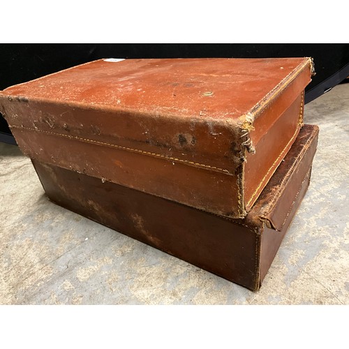 50 - TWO VINTAGE LEATHER SUITCASES AND TWO VINTAGE CRUMB TRAYS