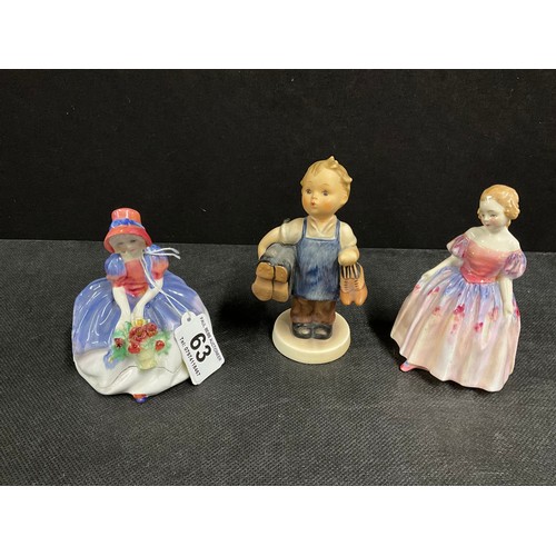 63 - ROYAL DOULTON MARIE HN1625, ROYAL DOULTON MONICA HN1467 A/F AND A GOEBELS FIGURE A/F