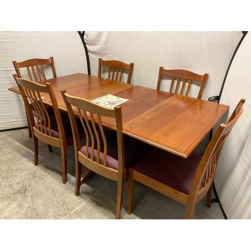 364 - BOB GROOM JARRAH WOOD PEDESTAL DROP LEAF DINING TABLE AND SIX MATCHING CHAIRS WITH UPHOLSTERED SEATS... 