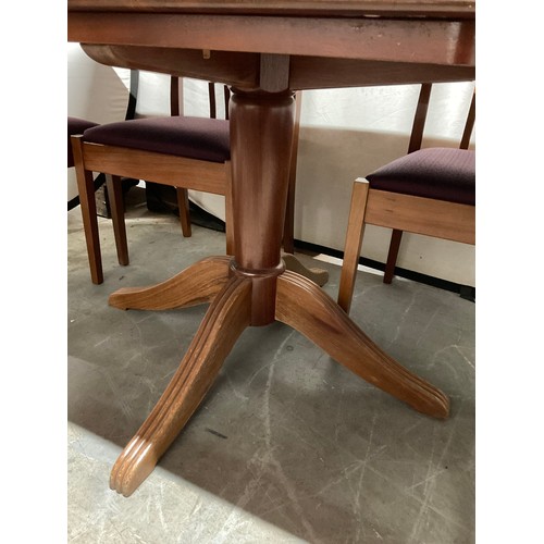 364 - BOB GROOM JARRAH WOOD PEDESTAL DROP LEAF DINING TABLE AND SIX MATCHING CHAIRS WITH UPHOLSTERED SEATS... 