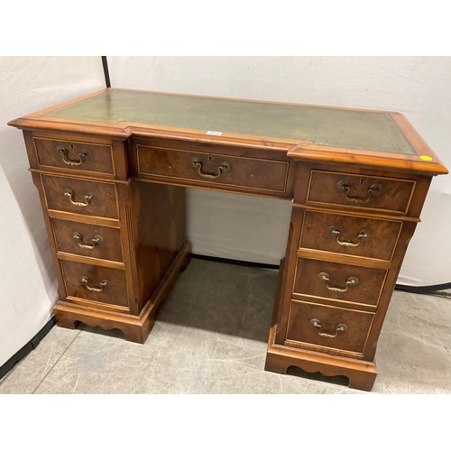 369 - REPRODUCTION YEW WOOD KNEEHOLE TWIN PEDESTAL DESK WITH LEATHER INSET TOP AND NINE DRAWERS H30