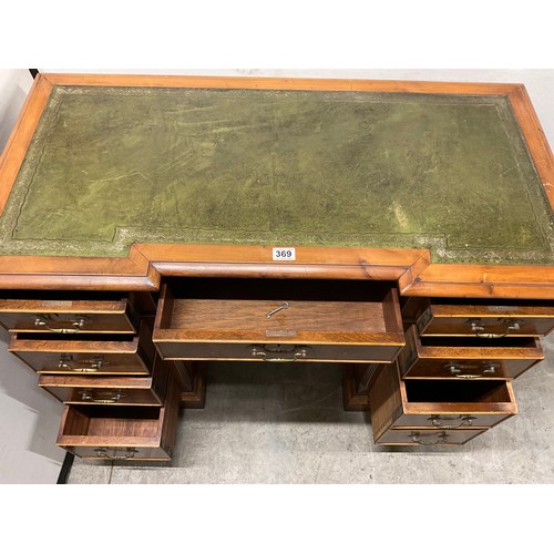 369 - REPRODUCTION YEW WOOD KNEEHOLE TWIN PEDESTAL DESK WITH LEATHER INSET TOP AND NINE DRAWERS H30