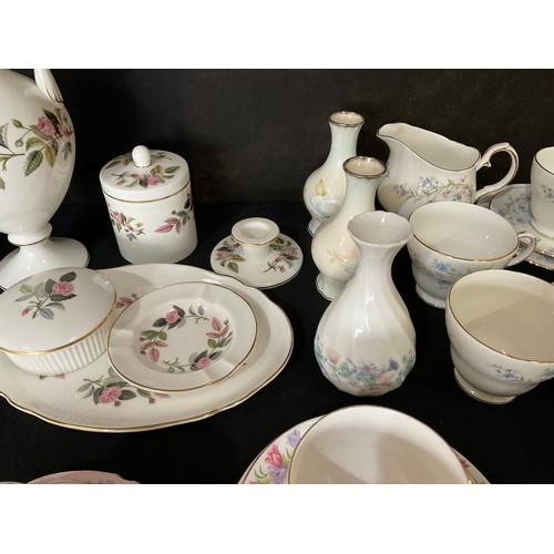 1 - TWO BOXES OF BONE CHINA ITEMS TO INCLUDE PART TEA SETS WEDGWOOD, DUCHESS ETC