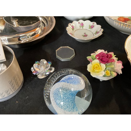 4 - TWO BOXES OF CHINA GLASS ETC TO INCLUDE SILVER PLATED VINERS TEA POT, PLATED MUFFIN DISH PAPER WEIGH... 