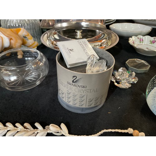 4 - TWO BOXES OF CHINA GLASS ETC TO INCLUDE SILVER PLATED VINERS TEA POT, PLATED MUFFIN DISH PAPER WEIGH... 