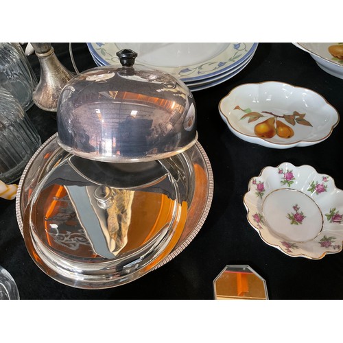 4 - TWO BOXES OF CHINA GLASS ETC TO INCLUDE SILVER PLATED VINERS TEA POT, PLATED MUFFIN DISH PAPER WEIGH... 