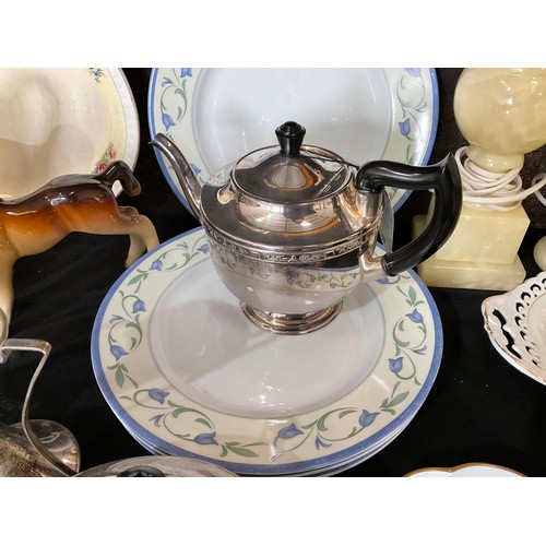 4 - TWO BOXES OF CHINA GLASS ETC TO INCLUDE SILVER PLATED VINERS TEA POT, PLATED MUFFIN DISH PAPER WEIGH... 