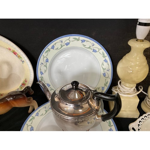 4 - TWO BOXES OF CHINA GLASS ETC TO INCLUDE SILVER PLATED VINERS TEA POT, PLATED MUFFIN DISH PAPER WEIGH... 