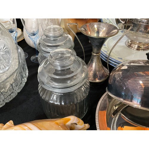 4 - TWO BOXES OF CHINA GLASS ETC TO INCLUDE SILVER PLATED VINERS TEA POT, PLATED MUFFIN DISH PAPER WEIGH... 