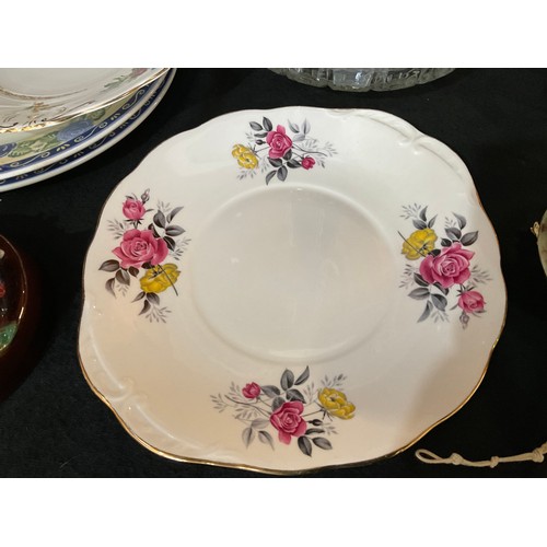 4 - TWO BOXES OF CHINA GLASS ETC TO INCLUDE SILVER PLATED VINERS TEA POT, PLATED MUFFIN DISH PAPER WEIGH... 