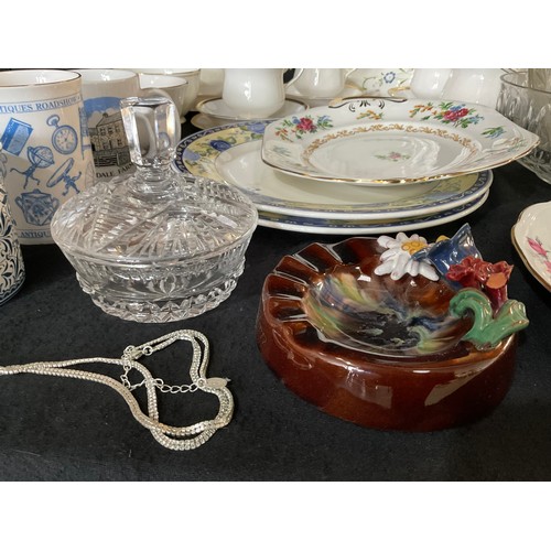 4 - TWO BOXES OF CHINA GLASS ETC TO INCLUDE SILVER PLATED VINERS TEA POT, PLATED MUFFIN DISH PAPER WEIGH... 