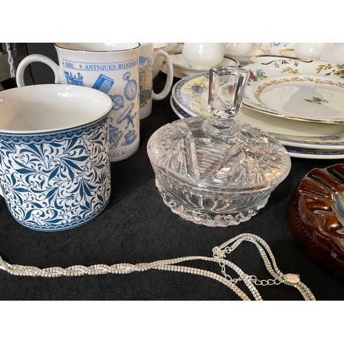 4 - TWO BOXES OF CHINA GLASS ETC TO INCLUDE SILVER PLATED VINERS TEA POT, PLATED MUFFIN DISH PAPER WEIGH... 