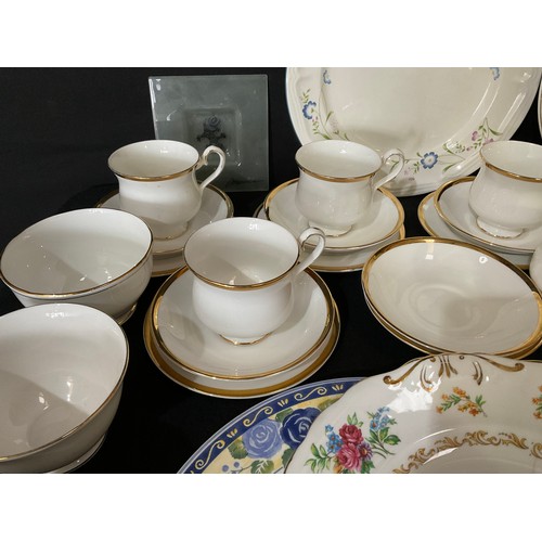 4 - TWO BOXES OF CHINA GLASS ETC TO INCLUDE SILVER PLATED VINERS TEA POT, PLATED MUFFIN DISH PAPER WEIGH... 