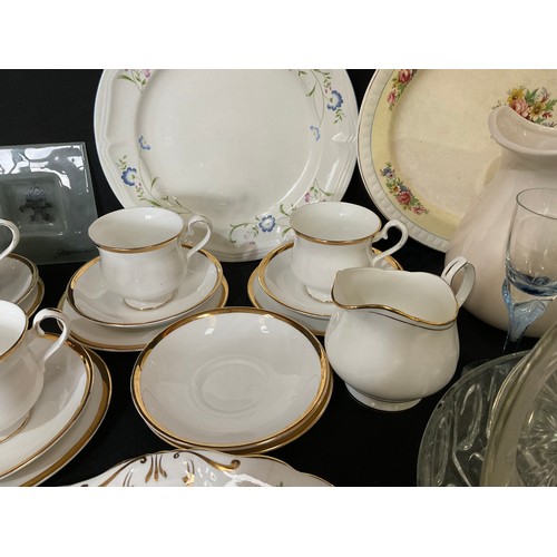 4 - TWO BOXES OF CHINA GLASS ETC TO INCLUDE SILVER PLATED VINERS TEA POT, PLATED MUFFIN DISH PAPER WEIGH... 