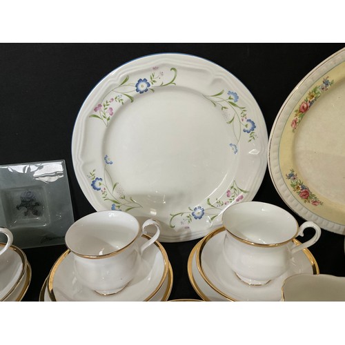 4 - TWO BOXES OF CHINA GLASS ETC TO INCLUDE SILVER PLATED VINERS TEA POT, PLATED MUFFIN DISH PAPER WEIGH... 