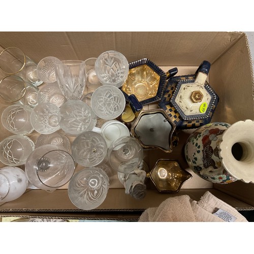 12 - FOUR BOXES OF CHINA AND GLASSWARE TO INCLUDE VICTORIAN TEAWARE AND GLASSWARE, BOX OF CHRISTMAS ITEMS... 