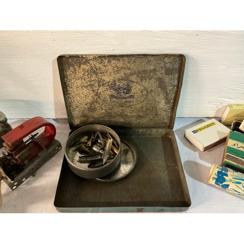 30 - A BOX OF COLLECTORS ITEMS TO INCLUDE A MORSE CODE MACHINE, SMALL BIBLES, COLLECTORS TINS ETC