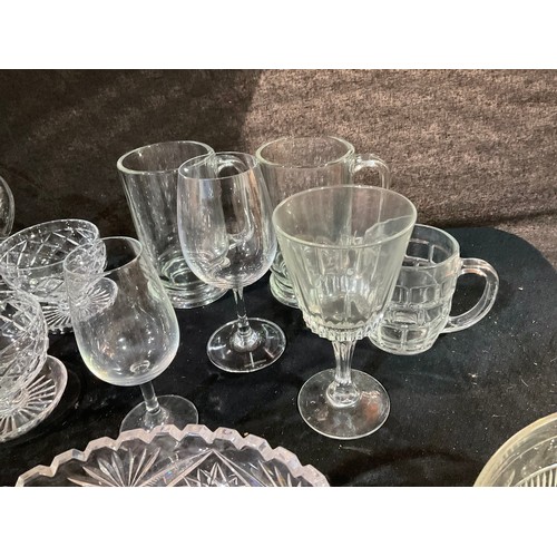 44 - TWO BOXES OF GLASSWARE TO INCLUDE DECANTERS FRUIT BOWLS SUNDAE DISHES WATER JUGS ETC