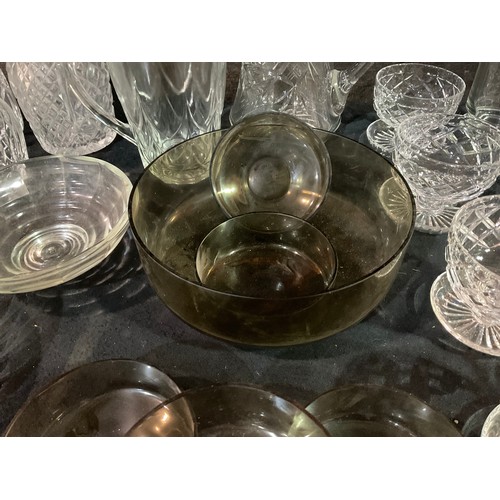 44 - TWO BOXES OF GLASSWARE TO INCLUDE DECANTERS FRUIT BOWLS SUNDAE DISHES WATER JUGS ETC