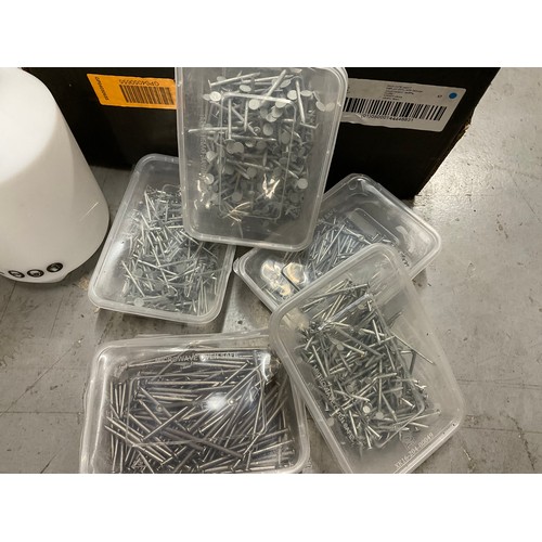 45 - A BOX OF NEW HARDWARE TO INCLUDE NAILS, HINGES ETC