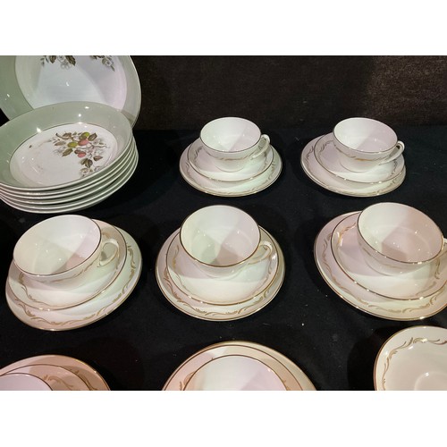 50 - A BOX OF CHINA TO INCLUDE ALFRED CLOUGH LIMITED PART DINNER SERVICE AND A BONE CHINA PART TEA SERVIC... 