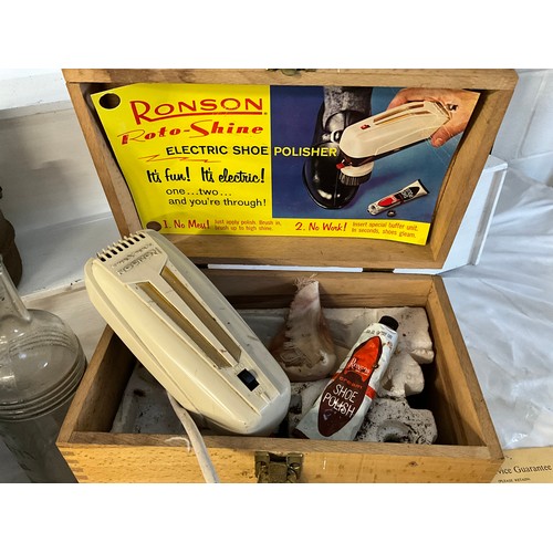 56 - A BOX OF VINTAGE COLLECTABLES TO INCLUDE A RONSON SHOE SHINE BOX A VICTORIAN LAMP AN OAK COSTRAL ETC