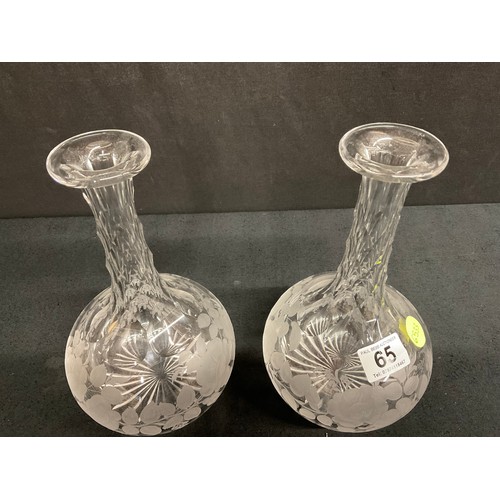 65 - A PAIR OF ETCHED GLASS DECANTERS DECORATED WITH FRUIT AND FOILLAGE