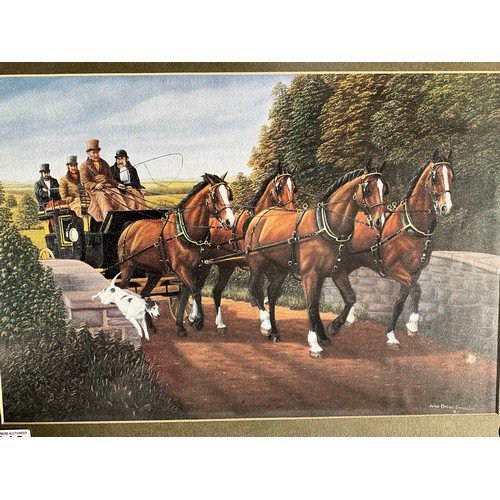 113 - SET OF FOUR JOHN BRIAN EVERSON COUNTRY SCENE PICTURES TO INCLUDE STAGECOACH, THE HUNT, SHIRE HORSES ... 