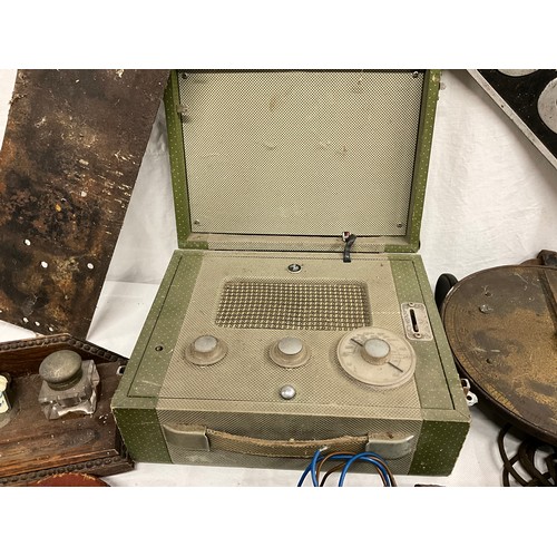 108 - BOX OF COLLECTABLES TO INCLUDE VINTAGE TORCH, DESK SET, BRASS SALTERS SCALE, HEADPHONES ETC