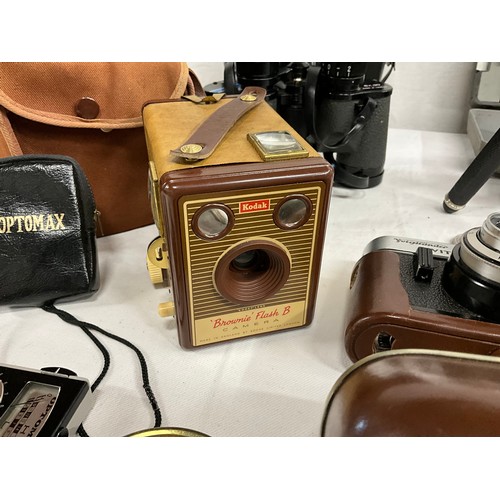 110 - BOX OF VINTAGE AND LATER CAMERAS, CASED BINOCULARS