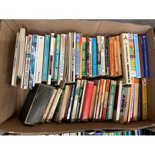 112 - SIX BOXES OF VINTAGE AND LATER HARDBACK AND PAPERBACK BOOKS