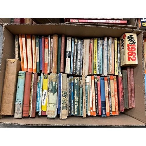 112 - SIX BOXES OF VINTAGE AND LATER HARDBACK AND PAPERBACK BOOKS