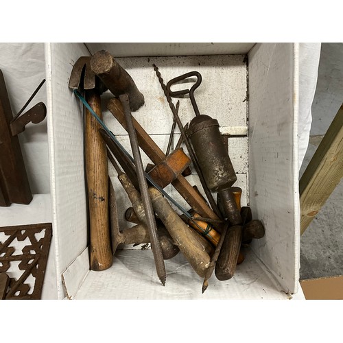 114 - BOX OF VICTORIAN AND LATER TOOLS TO INCLUDE BENCH DRILL, OILER, PLANES ETC