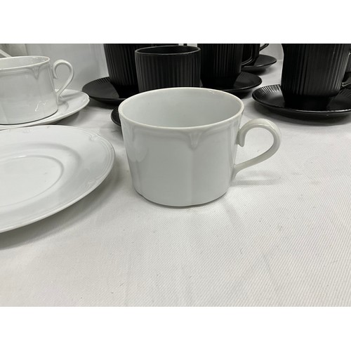 116 - BOX OF CHINA TO INCLUDE MODERN ST MICHAELS STANFORD DINNERWARE AND A RETRO BLACK COFFEE SET