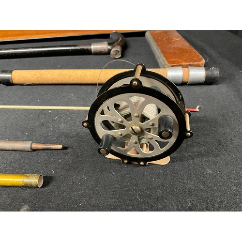 124 - TWO VINTAGE FISHING RODS TO INCLUDE A WALBRAN VINTAGE EXAMPLE, A CENTRE PIN REEL, A HALLMARKED SILVE... 