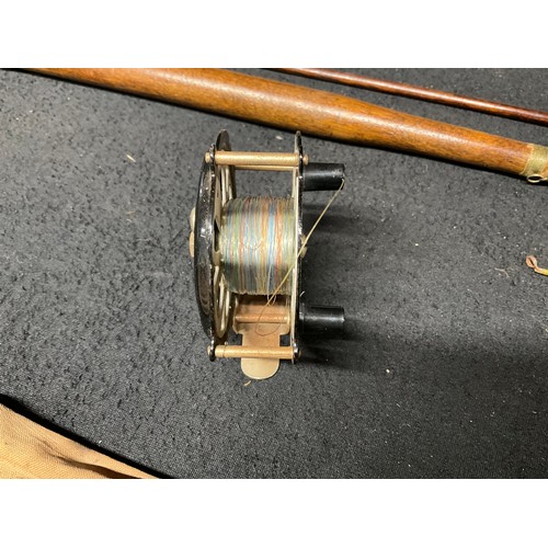 124 - TWO VINTAGE FISHING RODS TO INCLUDE A WALBRAN VINTAGE EXAMPLE, A CENTRE PIN REEL, A HALLMARKED SILVE... 