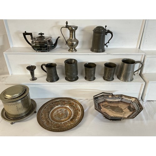 125 - BOX OF SILVER PLATED ITEMS AND EARLY PEWTER TANKARDS ETC