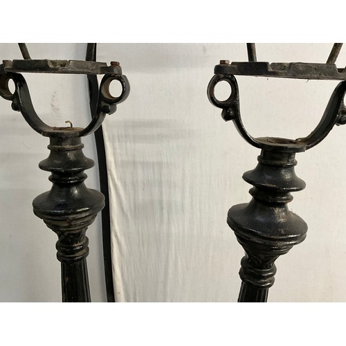 413 - 3 CAST IRON GARDEN LAMPS WITH COPPER TOPS H74”