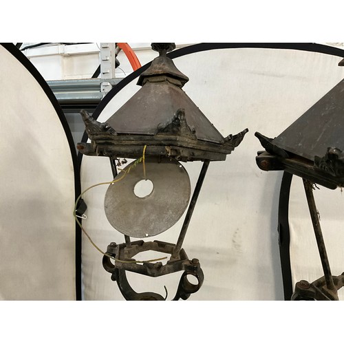 413 - 3 CAST IRON GARDEN LAMPS WITH COPPER TOPS H74”