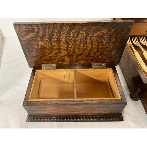 21 - VINTAGE OAK CANTEEN OF CUTLLERY (INCOMPLETE) AND A SMALL TRINKET BOX