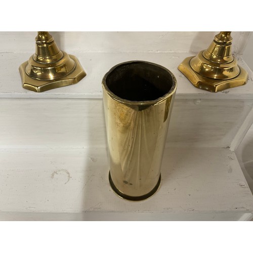 24 - LARGE EARLY BRASS JAM PAN A SMALLER EXAMPLE A BRASS SHELL CASE VICTORIAN BRASS CANDLESTICKS